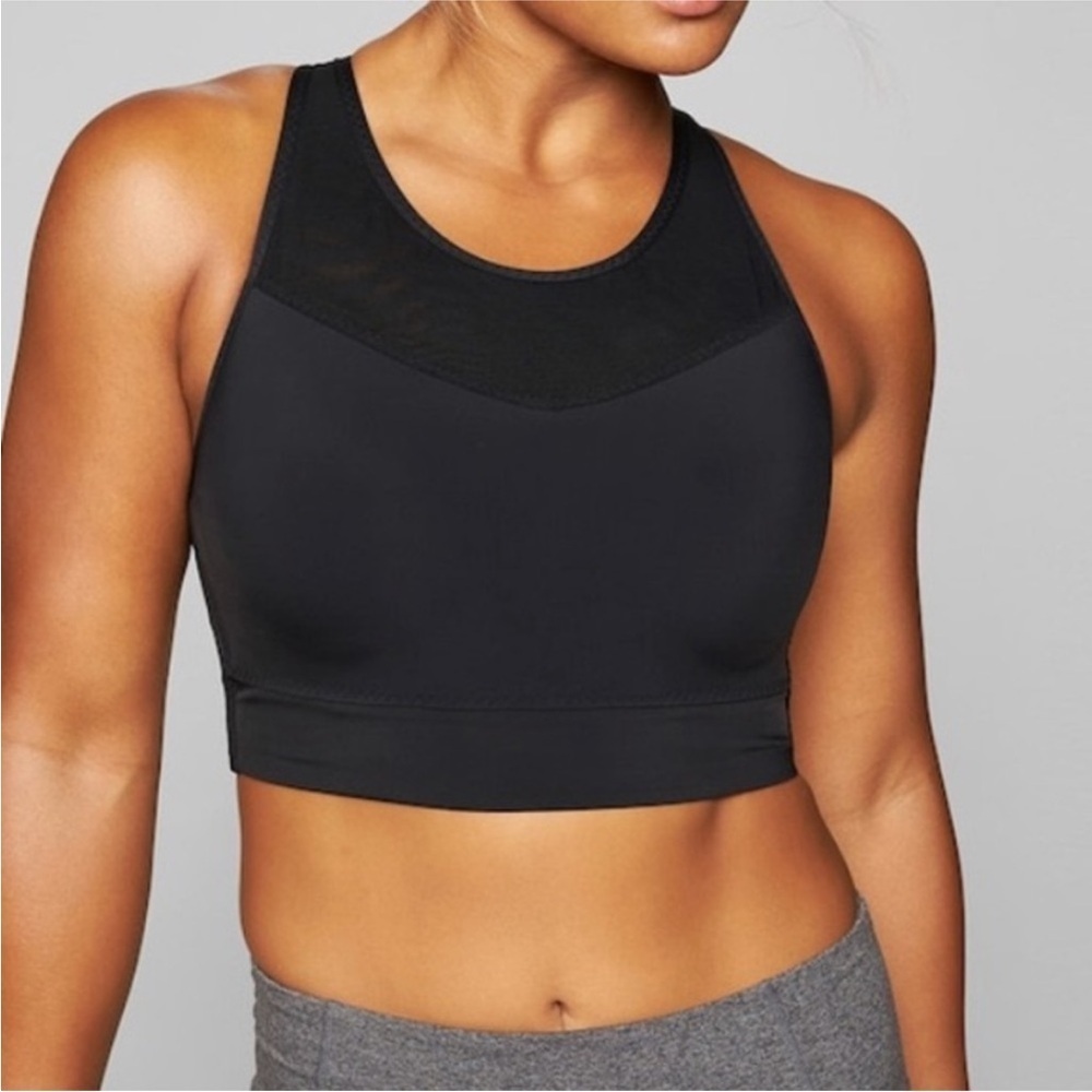 Athleta Black High-Neck Longline Sports Bra with Mesh Yoke
